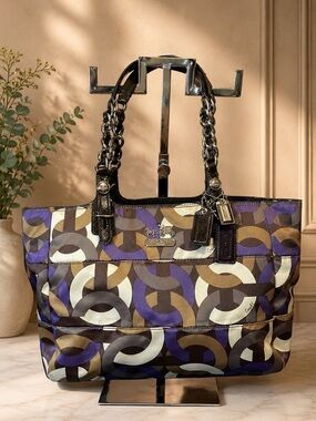 Coach Purple, Brown and Cream Geometric Tote with Chain Handles